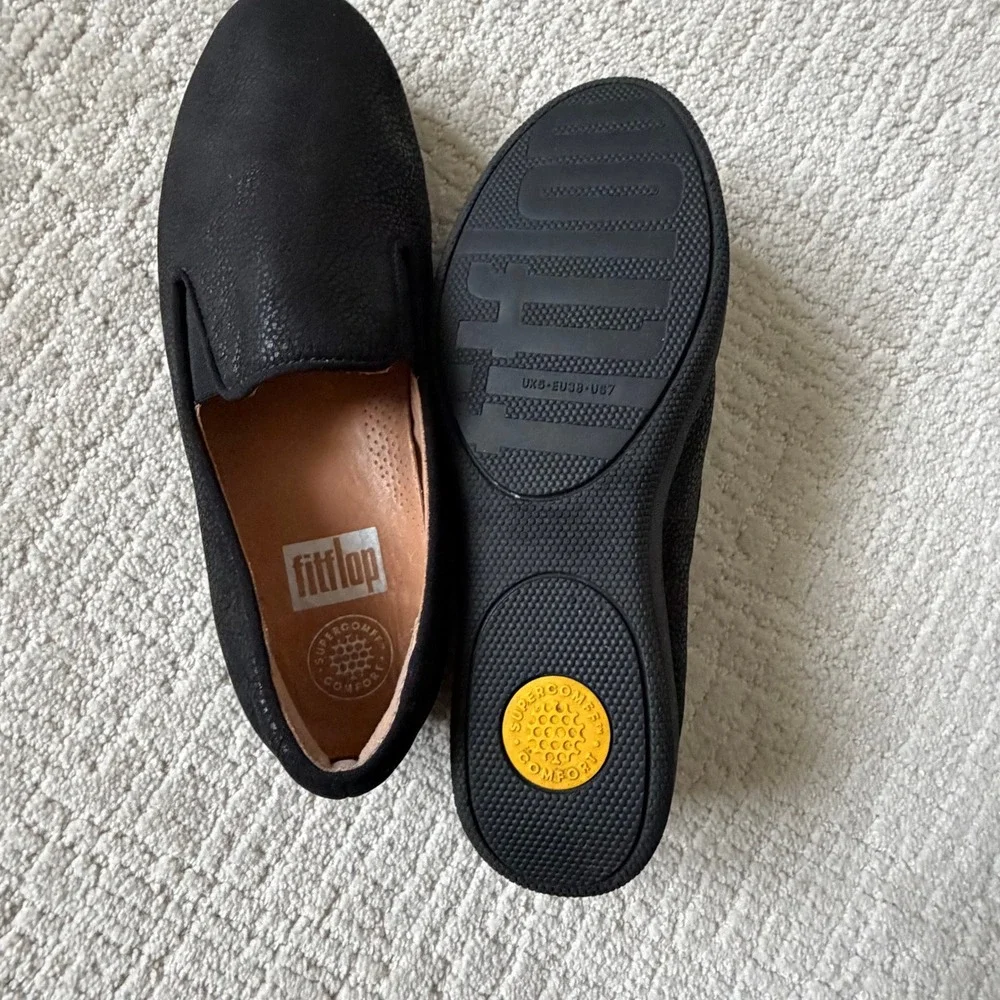 FitFlop Black Textured Leather Slip On Comfort Sneaker Loafer 7 38 Supercomff